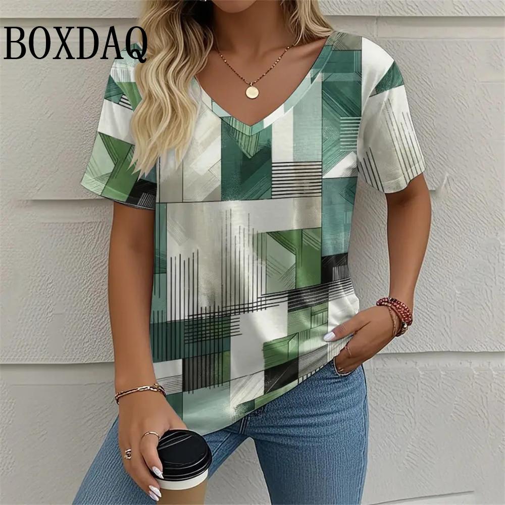 Summer Women Plaid Pattern Print T Shirt Fashion Casual Loose Short Sleeve Tops Plus Size V-Neck Women's Tees Shirts 5XL