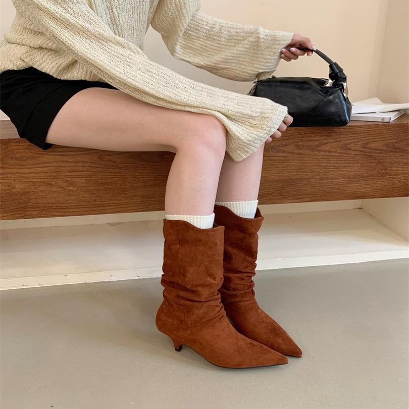 Suede pleated piled boots women's 2025 autumn and winter new pointed western cowboy boots lapel mid boots women