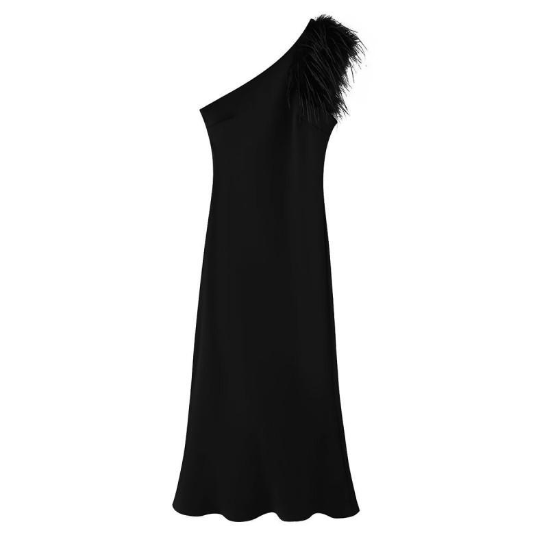 

European American Women s Clothing Fashionable Slanting Shoulders Sleeveless Feather Long Dress XS