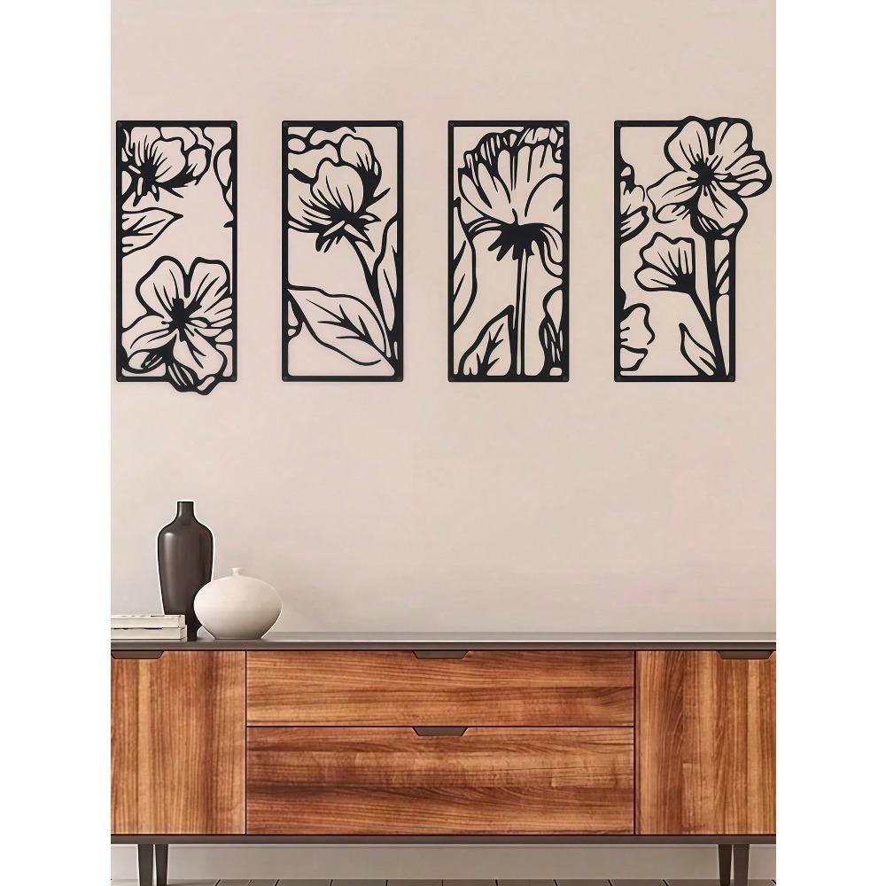 Gothic Floral Wall Art Set of 4 – Black Metal Vintage Panels, Dark Aesthetic Decor for Home
