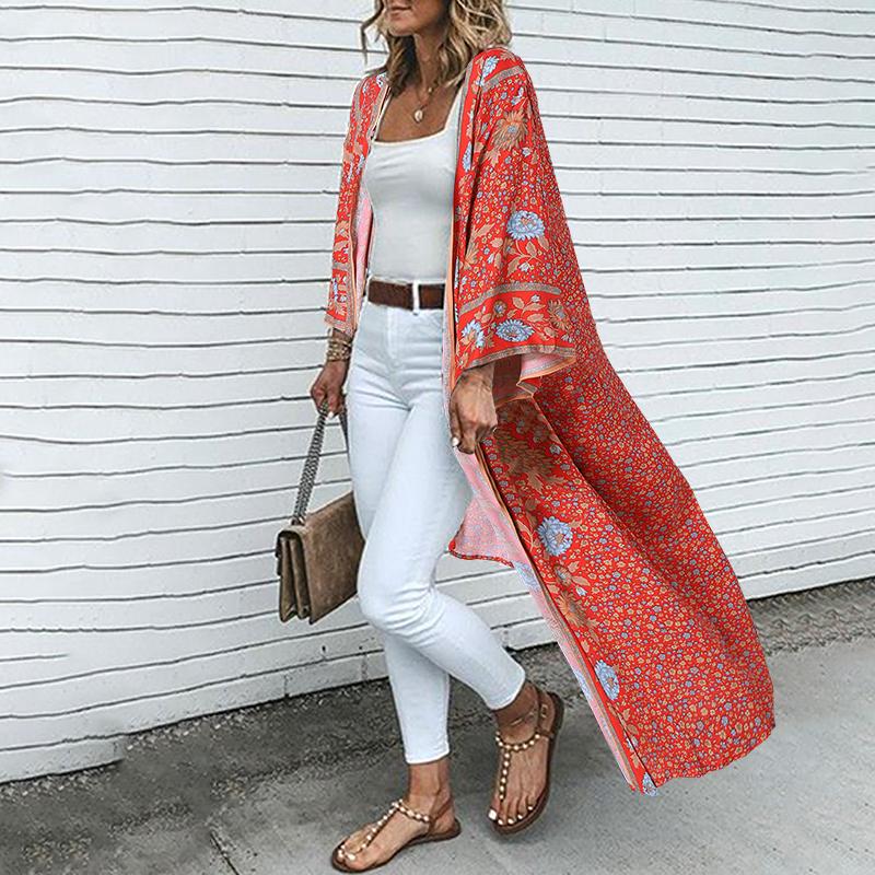 ZANZEA Bohemsk trykk Ferie Hverdagslig Langermet Strand Lang Cardigan Cover-up
