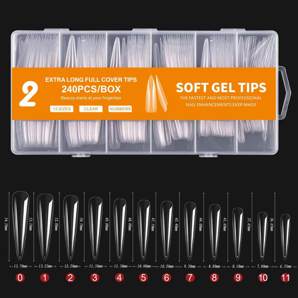 240-teiliges Transparentes XXXL Spitzes Nagelkunst-Set: Superlange künstliche Nägel im Denim-Design