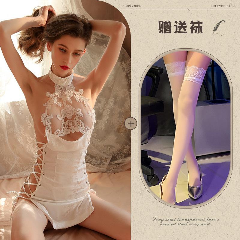 Sexy Lingerie Cheongsam Seduction Passion Hollow Strap High Split Fork Free Uniform Set