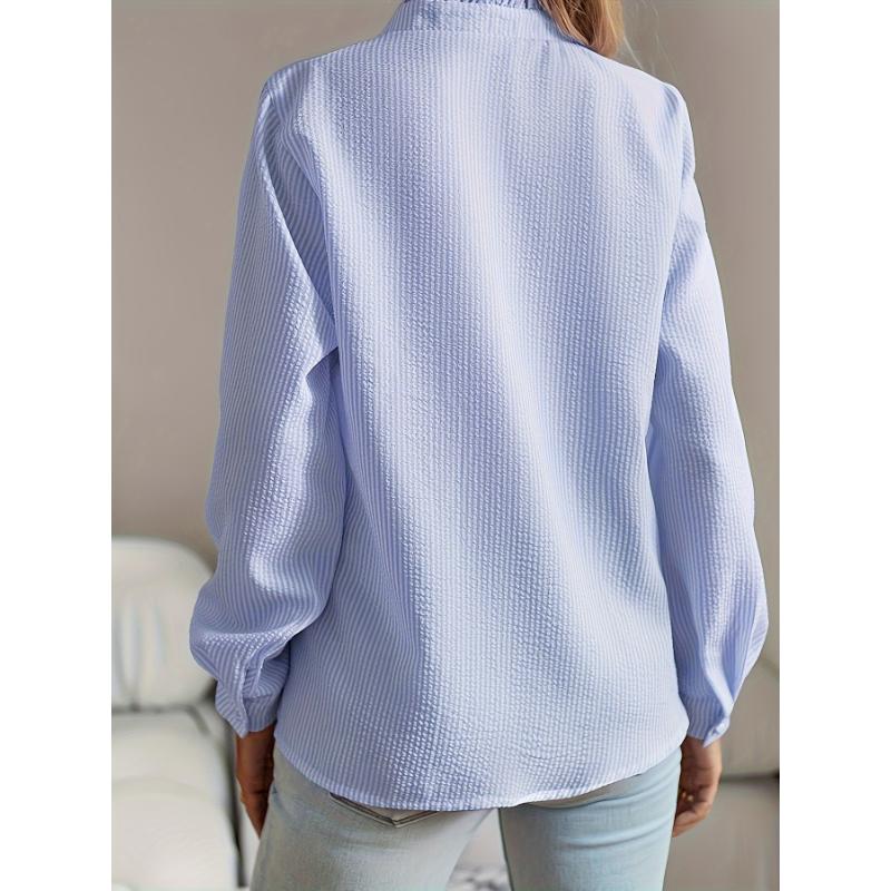 Women's Autumn Ruffle Placket Long Sleeve Blouse Striped Button Down Stand Collar Crinkled Casual Office Daily Wear Shirt Top