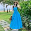 Holiday Wind Blue Pleated Suspender Dress Long Dress Women's Holiday Wind Beach Skirt Waist Long Swing Dress