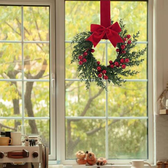 Artificial Christmas Wreath for Front Door 10 Inch Winter Greenery Wreath with Red Berries And Velvet Bow for Holiday Farmhouse Indoor Outdoor