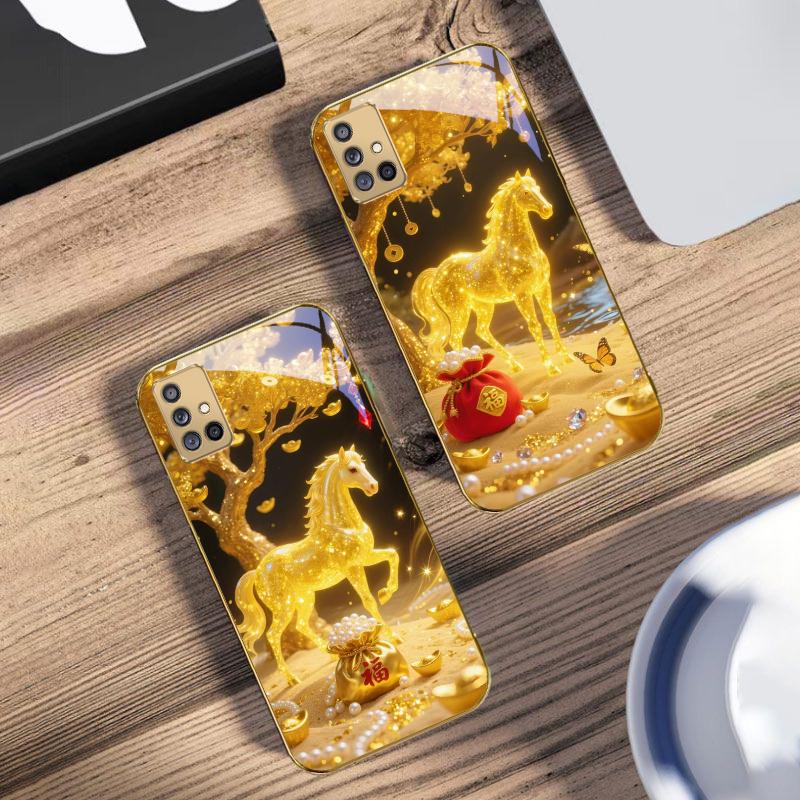 The Golden Fighting Horse For Samsung A 01 52S 04 05S 10 12 13 22 23 24 36 42 M02 Note 10 20Ultra 8 9 Golden Glass Phone Case