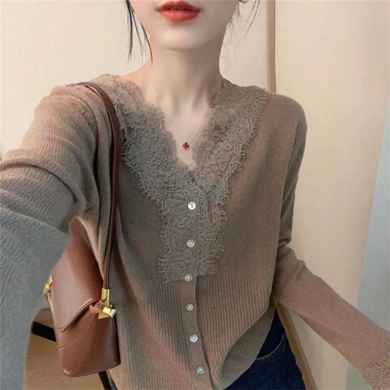 

Винтажный кардиган с V-образным вырезом, кружевной вставкой и длинными рукавами, женский шикарный базовый свитер, модный One size