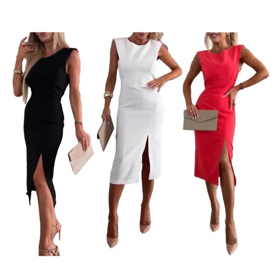 Women Dress Round Neck Sleeveless Slim Fit Summer Dress with Slit Design Solid Color