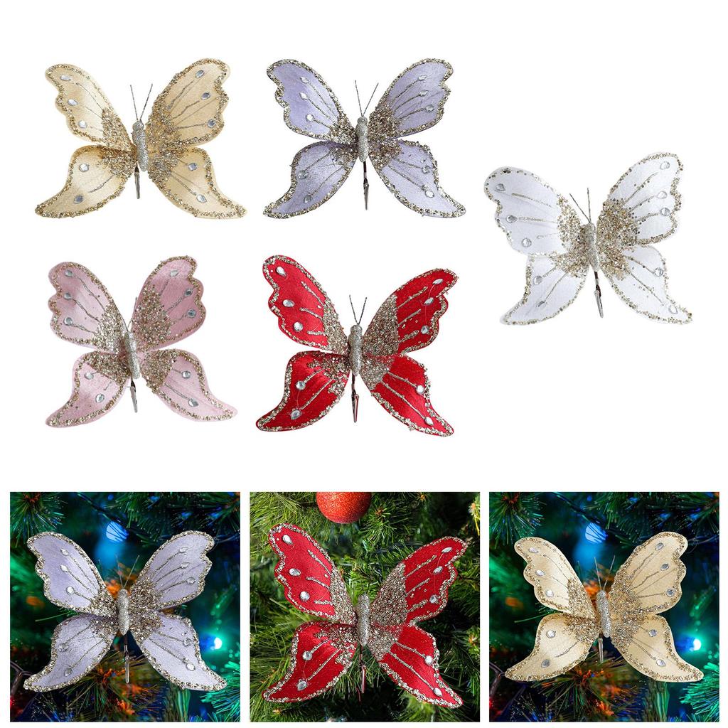 Butterfly Clip Christmas Ornament Glitter Decorative Collectible Artificial Butterfly for New Year Wedding Birthday Office