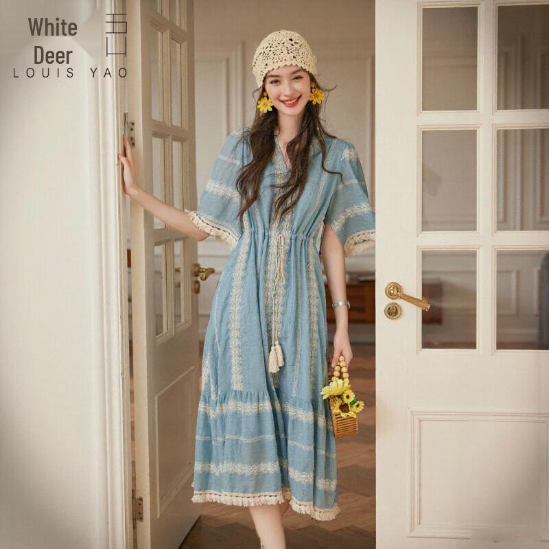 

Summer V-Neck Ethnic Embroidered Tassel Midi Dress XL