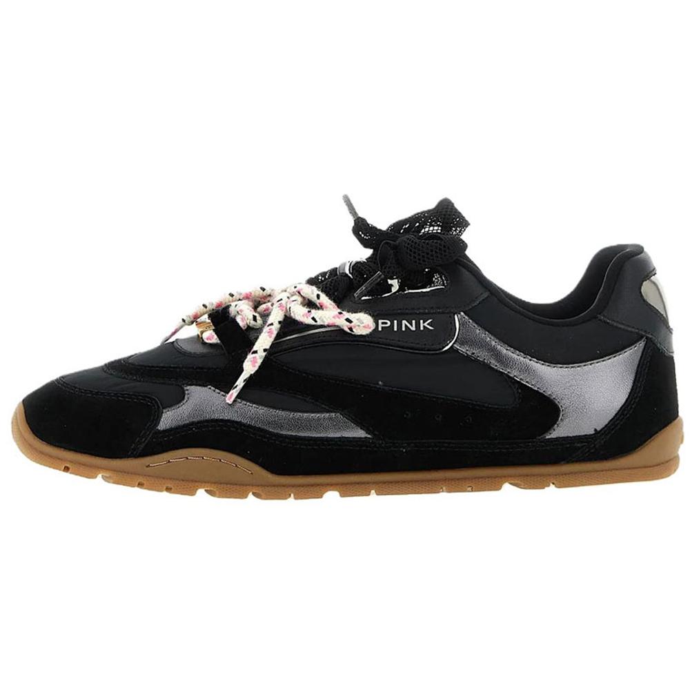 PINKO Yulia 01 Calfskin Logo Detail Embellished With Shiny Gems Flat Lace-Up Low-Top Casual Shoes Women sneaker Black SS0185P076Z99
