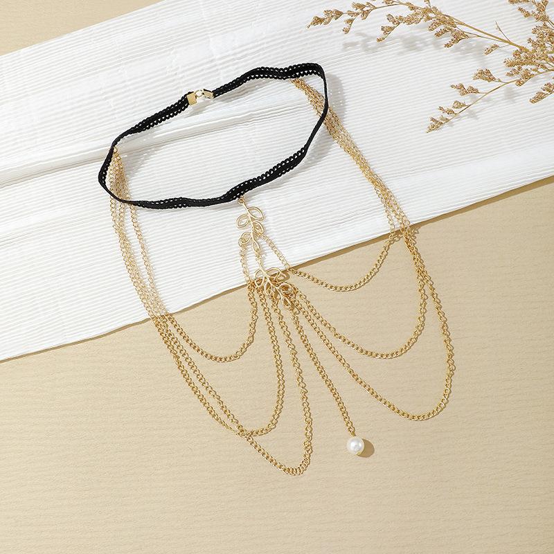

Pearl Pendant Leg Trim, Lace Elastic Strap Leaf Multilayer Thigh Chain