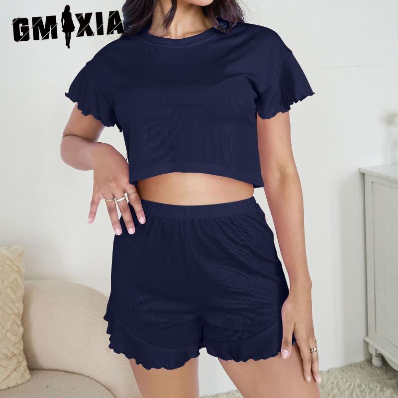 GMXIA Pajamas Ruffled Loose Short Top Shorts Two-piece Set of Women's Loungewear