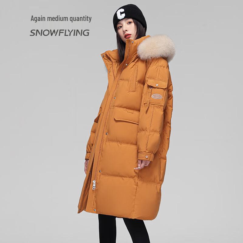 SNOWFLYING Women's Mid-length Down Jacket with Fox Fur Collar