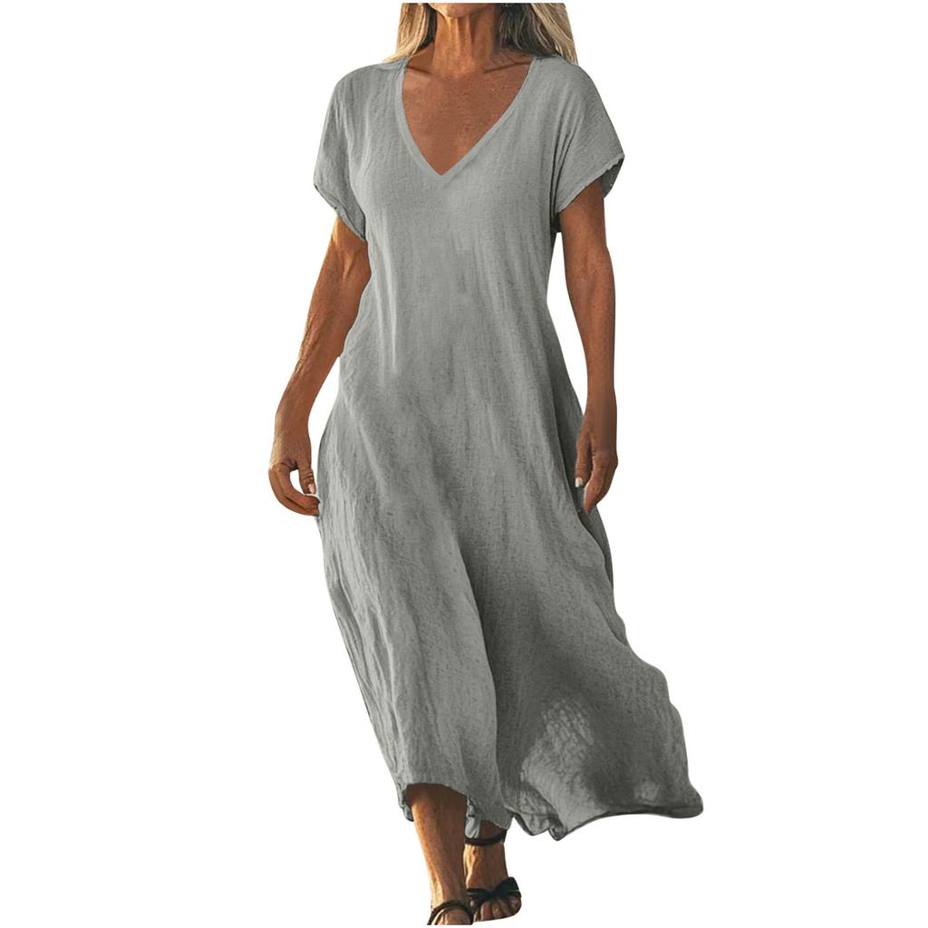QICED Fashion Summer Spring Solid Color Print Short Sleeve V-Neck Casual Dresses