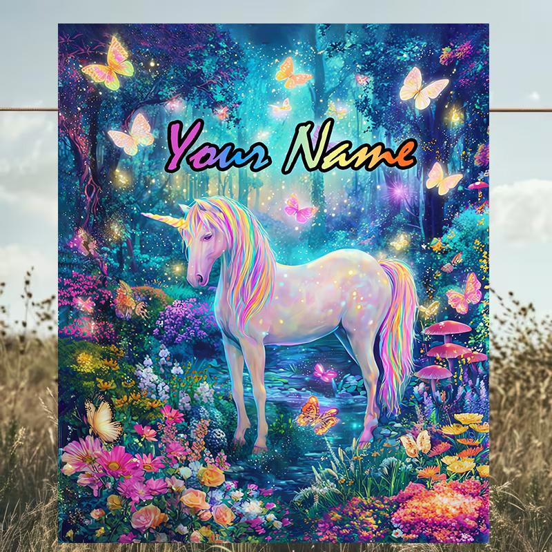 1PC Custom Name Unicorn Fantasy Garden outdooor Flannel blankets Patterns Throw Blanket All-Season Soft Gift for Couch, Bed, Camping gifts