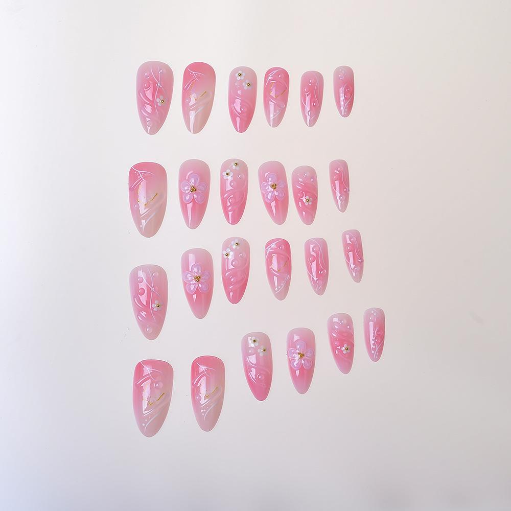 3D Glue Drip Flower Nail Art: 24 Skin-Brightening, Light Luxury Almond-Shaped Wearable Fake Nails