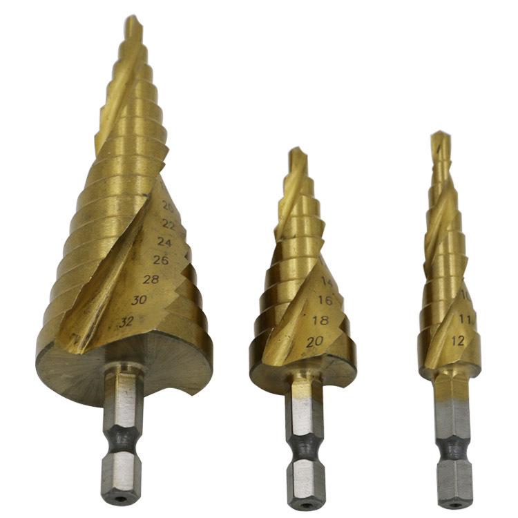 Titanium-Plated Spiral Groove Step Drill Bit Set (4-32mm, 4-20mm, 4-12mm) - Hex Shank Hole Expander