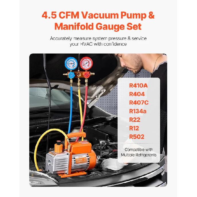 

VEVOR 4.5 CFM AC Vacuum Pump and Gauge Set, Single Stage with Leak Detector Hoses for R134a, R12, R22, R502a, R410A, R404, R407C 4.5CFM