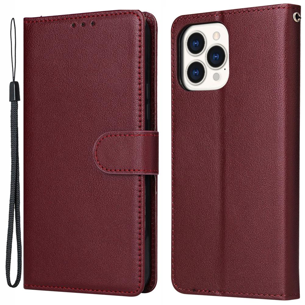 

For iPhone 13 Pro Max 6.7 inch Case PU Leather Wallet Flip Phone Cover with Wrist Strap Wine Red