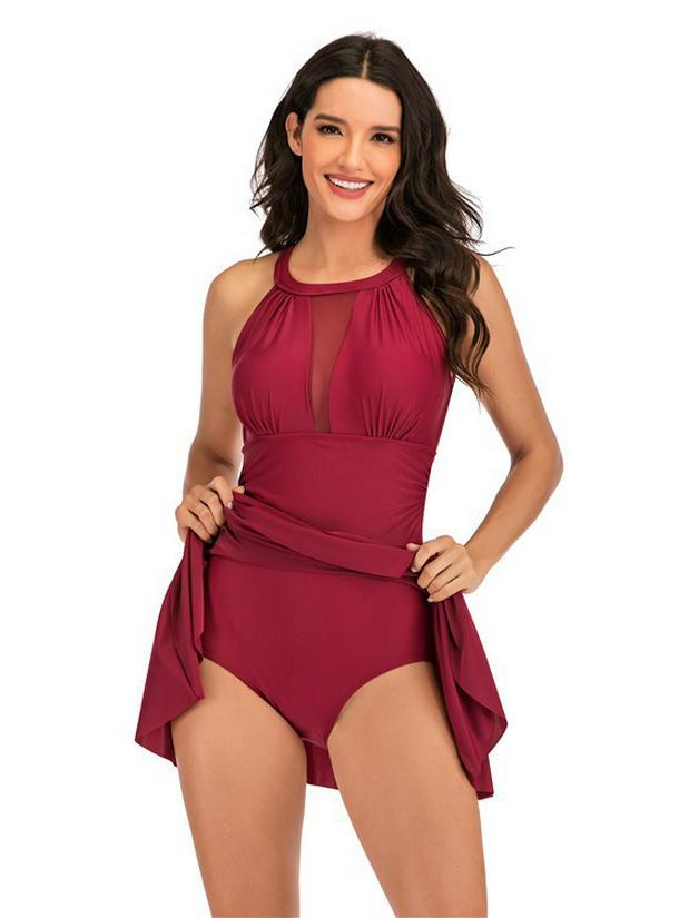 European-American Mesh Splice Backless One-Piece Skirted Bikini