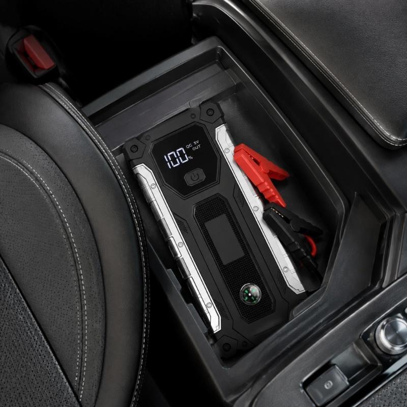 Car Starter for Depleted 12V Vehicle Batteries, with Digital Battery Display, USB Output, Integrated LED Light, Starter-Clamp Cable, and Zippered Case