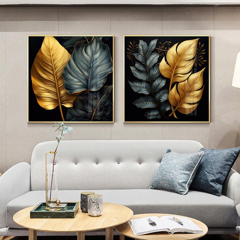 Wohnzimmer Sofahintergrund vergoldete Pflanzenbeleuchtung luxuriöses Dekorationsgemälde modern minimalistisches Esszimmer quadratisches rahmenloses Gemälde cor