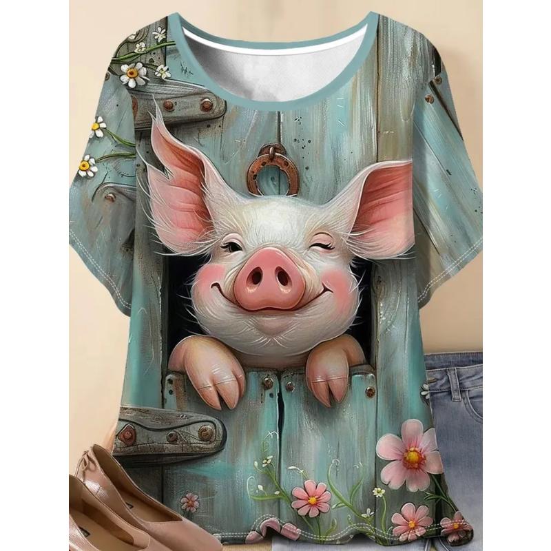 Fashion Women's Animal Short Sleeve 3D Animal Color Printing Crew Neck Short Sleeve Crew Neck T-Shirt