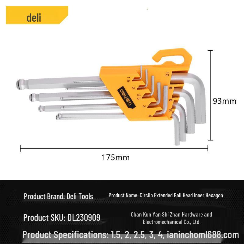 Deli Tools 9-Piece Metric Circlip Flat & Ball Head Angled Hex Wrench Set D230909 DL230909 Circlip Long Inner Hex 9-Piece Set