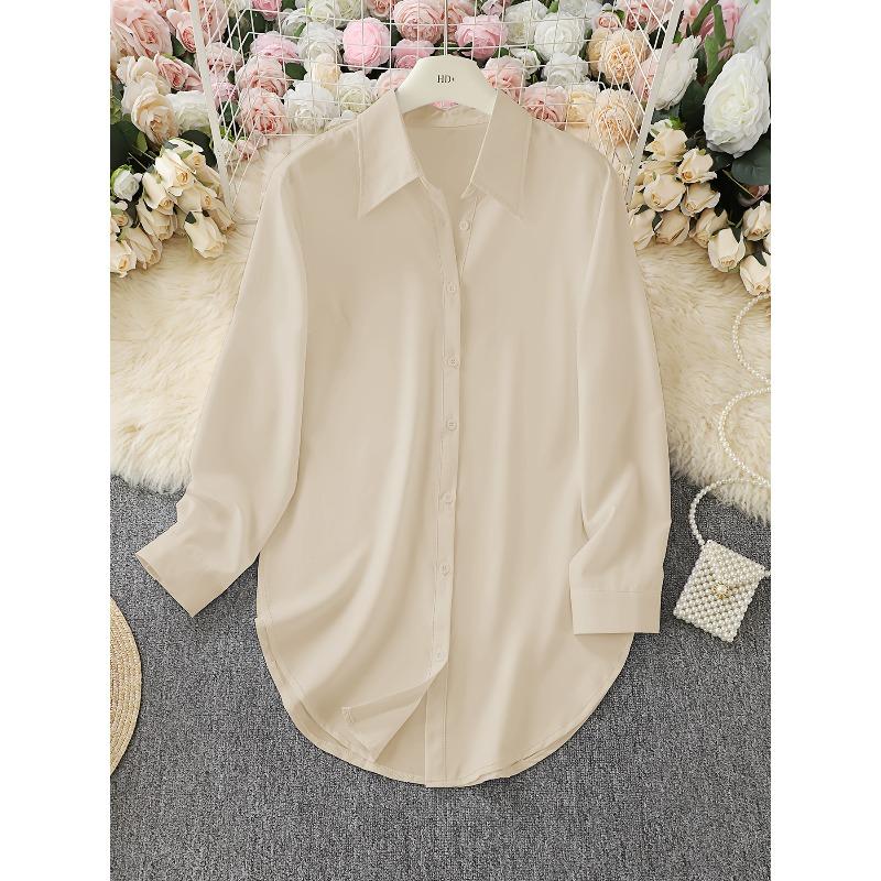 women's Plus Size Solid Color Point Collar Long Sleeve Curved Hem Loose Casual Shirt Blouse