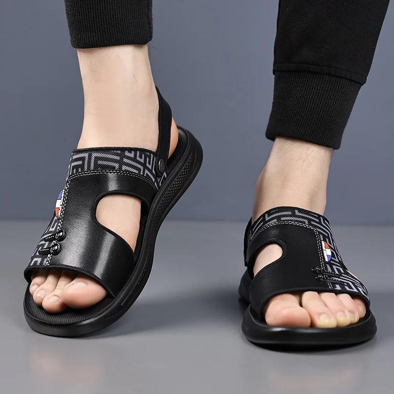 New Men Shoes Summer Fashion Sandal Striped Print Flat Casual Slides Outdoor Cool Beach Shoes