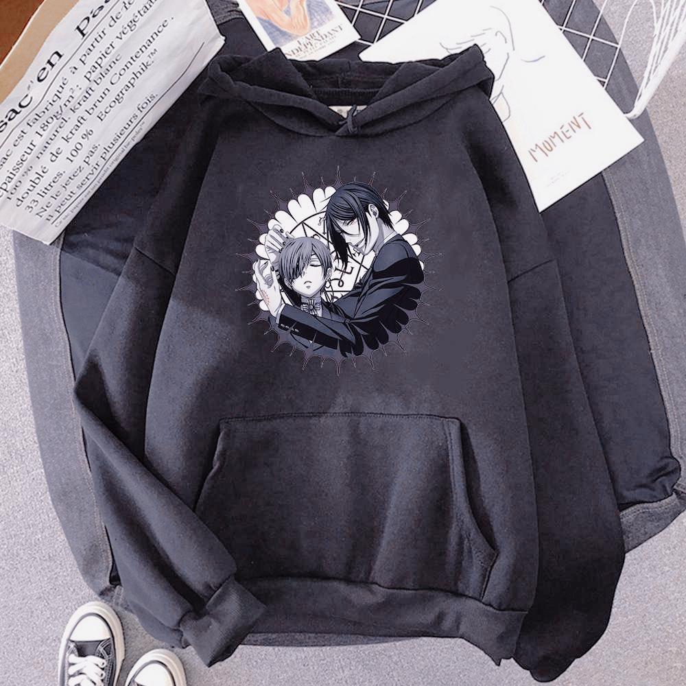 Hot Anime Black Butler Michaelis Sebastian and Phantomhive Ciel Print Hooded Men Women Manga Hoodies Harajuku Loose Sweatshirt