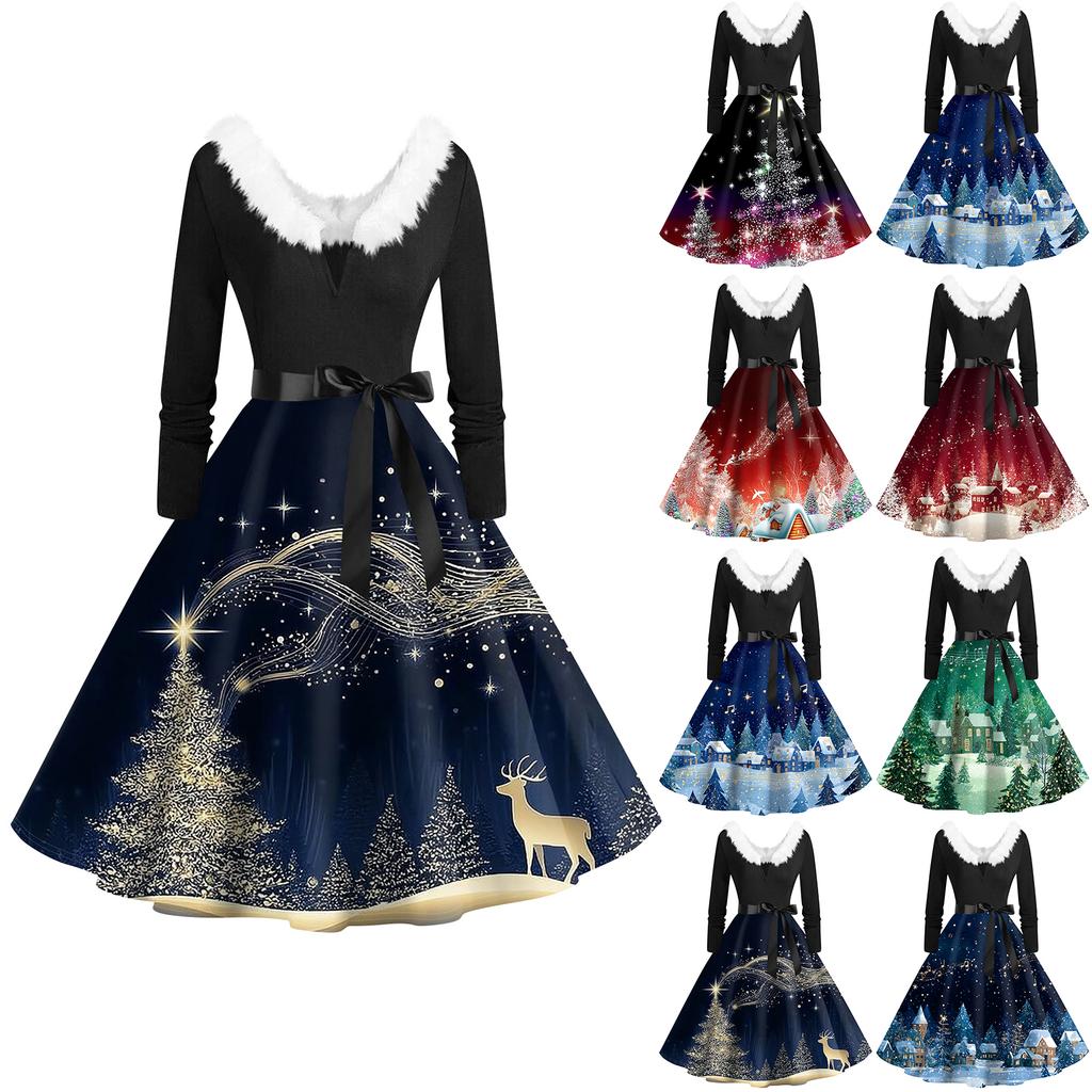 Women's Fashion V-Neck Casual Slim Christmas Printed Long Sleeve Hair Collar Dresses