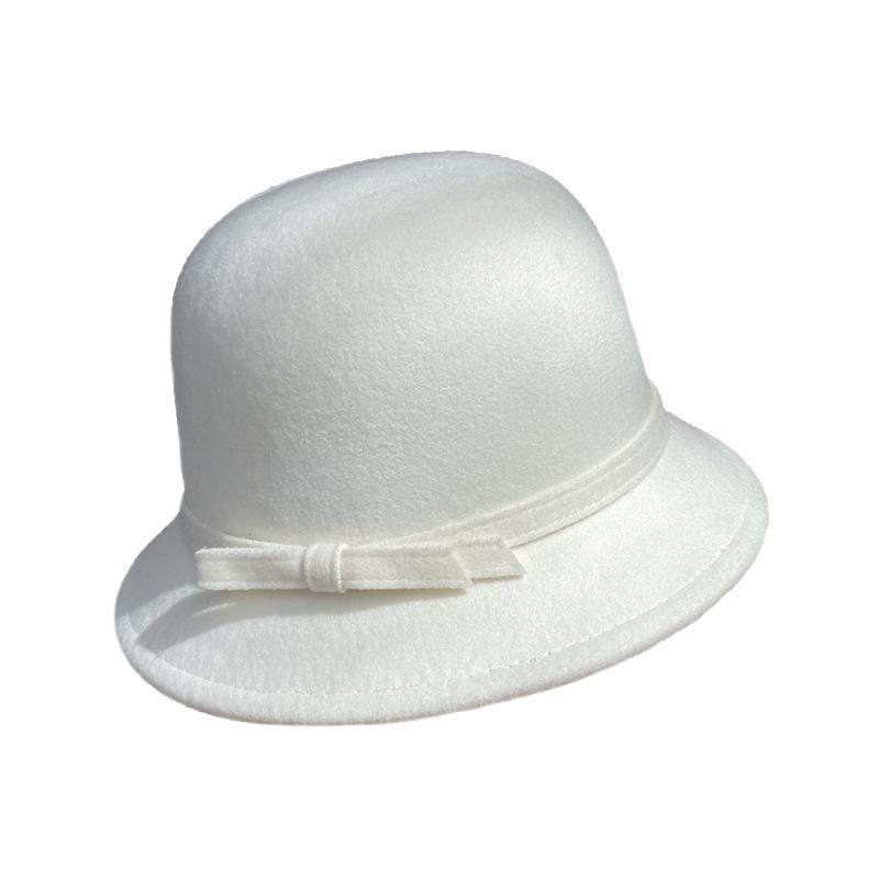 French Simple Wool Bucket Hat Women'S Retro Autumn And Winter Dome Elegant Top Hat White Bow Basin Hat