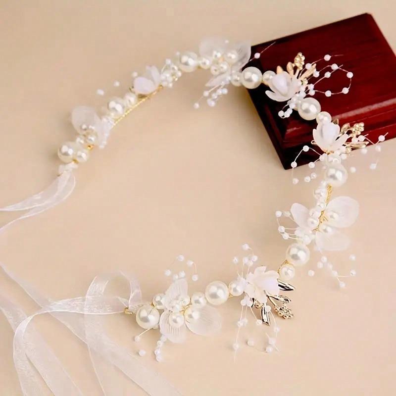Faux Pearl & Flower Beaded Headband for Bride with Beautiful Floral Wreath Design, Thin Veil, Hair Accessories for Wedding Boho Bow Tiara