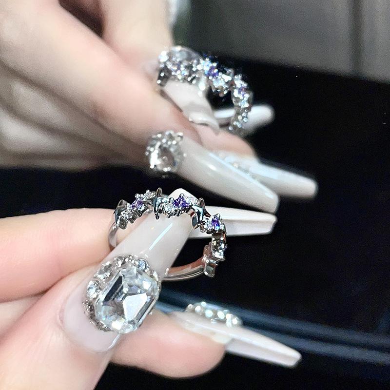 Niche Design Sense Diamond-Encrusted Zircon Mango Chain Open Ring Advanced Sense French Adjustable Stacked Ring Women