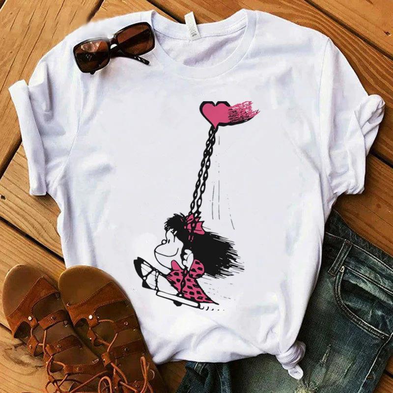 2025 Neues T-Shirt Damen Lustige Cartoon PAZ Mafalda oder QUIERO Cafe Bedrucktes Oberteil Damen T-Shirts Harajuku Lässig Weißes T-Shirt Kleidung
