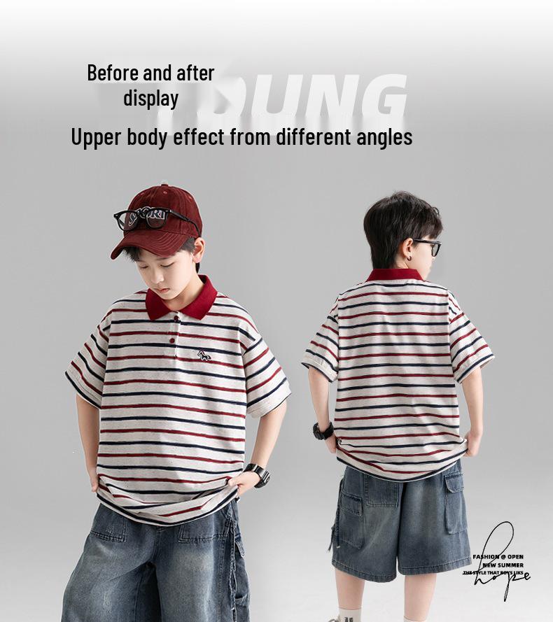 Boys' Striped Short-Sleeve Polo Shirt - Casual, Trendy Korean Style for Middle and Older Children