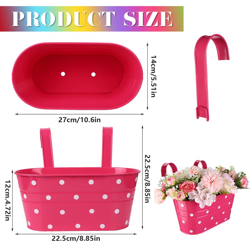 Ulele 6 Pack Metal Hanging Flower Pots Double-Hook Hanging Buckets Colorful Dots Planters Metal Iron Hanging Plant Pots Fence Pl