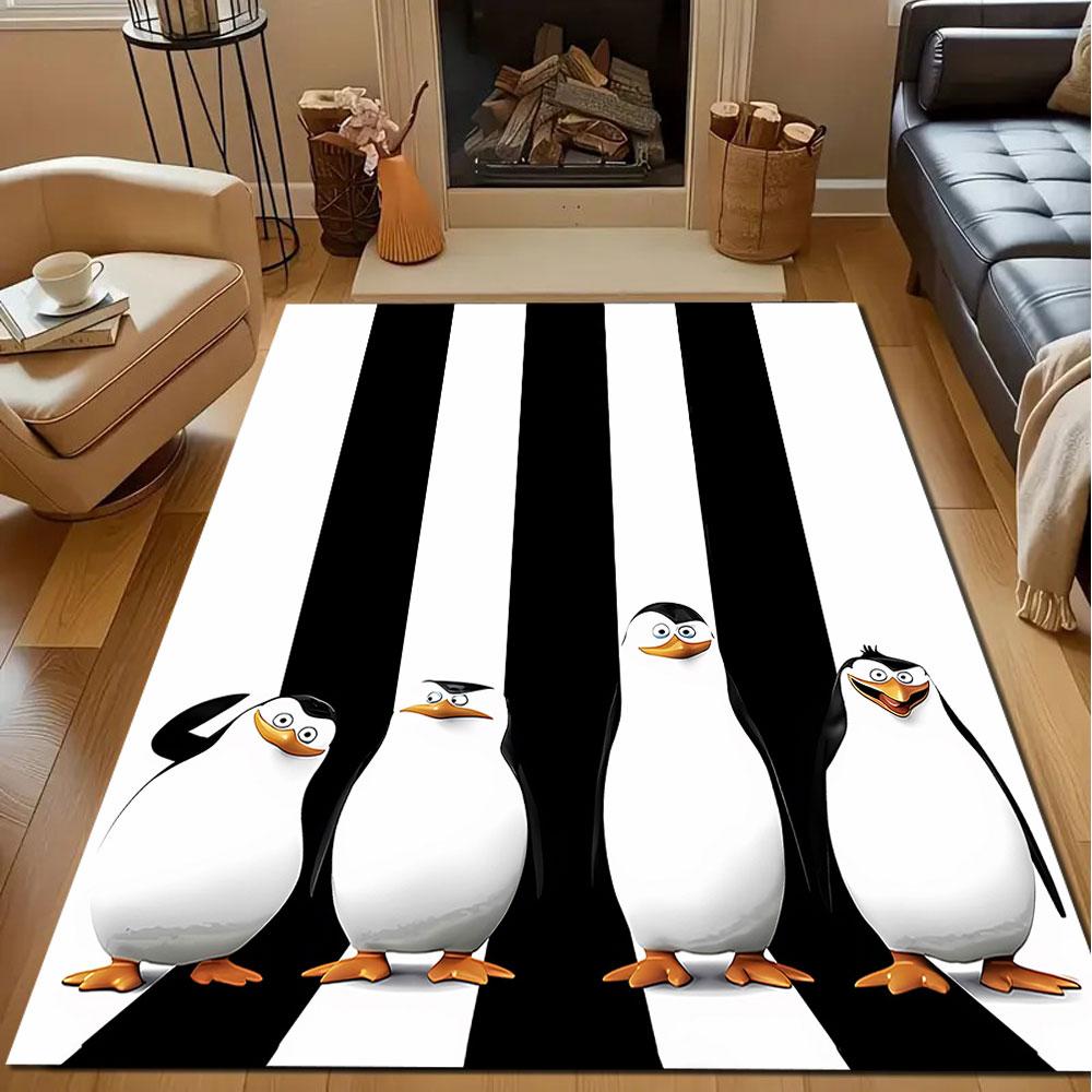 Penguins on Black and White Stripes Patterned carpet, non slip mat suitable for living room and bedroom sofas