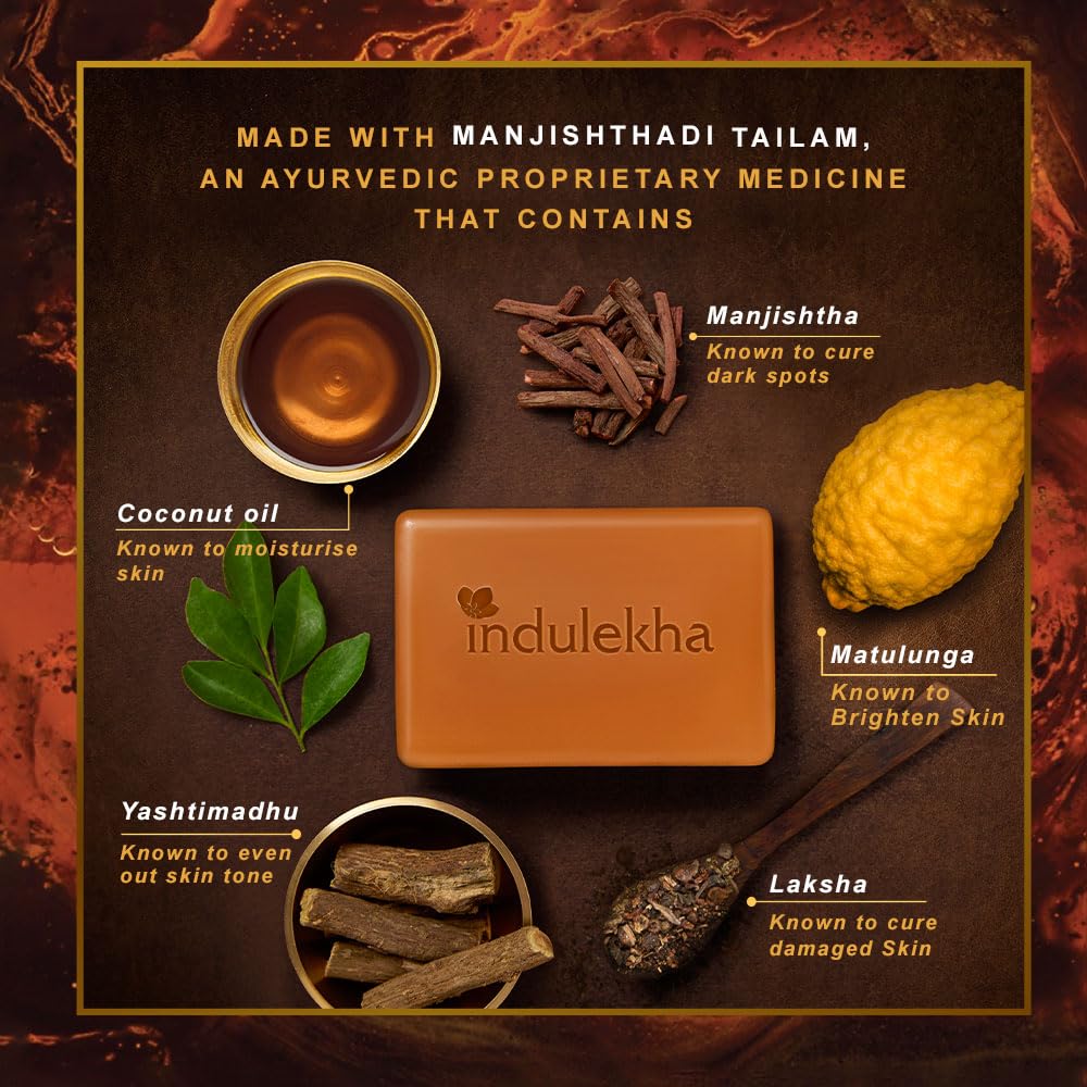 Indulekha Ayurvedic Soap Bar 100g X 3  | Herbal Skin Care Soap For Dark Spots, Marks, Uneven Tone And Healthy Glowing Skin