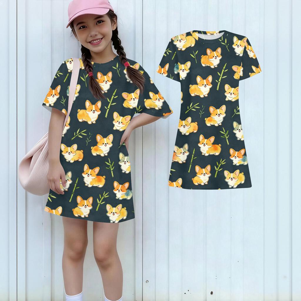 Mädchen lockeres kurzärmeliges Kleid leicht rundhalsig lässiges Kleid mit Tiermotiv bequemes Sommerkleid für Kinder