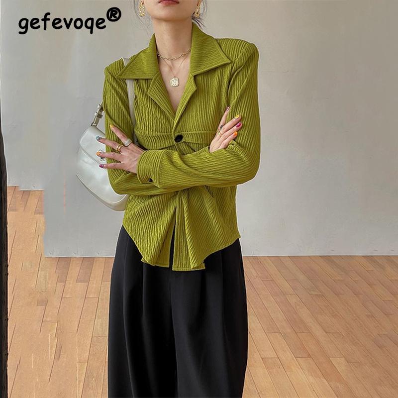 

Lapel Green Slim Shirt Women Vintage Blouses Korean Y2k Retro Long Sleeve Chic Top Aesthetics Streetwear Clothes Autumn New XXXL зелений
