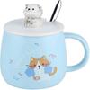 Cat Mug, Cute Ceramic Coffee Mug, with 3D Cat Shaped Lid and Spoon 8.8x8.2cm (Blue)