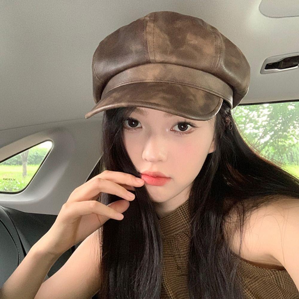 Casual Pu Leather Beret British Style Painter Hat Elegant Women's Beret Streetwear