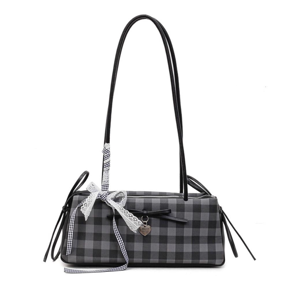 Bow Lace Ribbon Shoulder Bag Fashion Heart-shaped Pendant Grid French Underarm Pouch Tote Bag Handbag Daily Commuting Bag