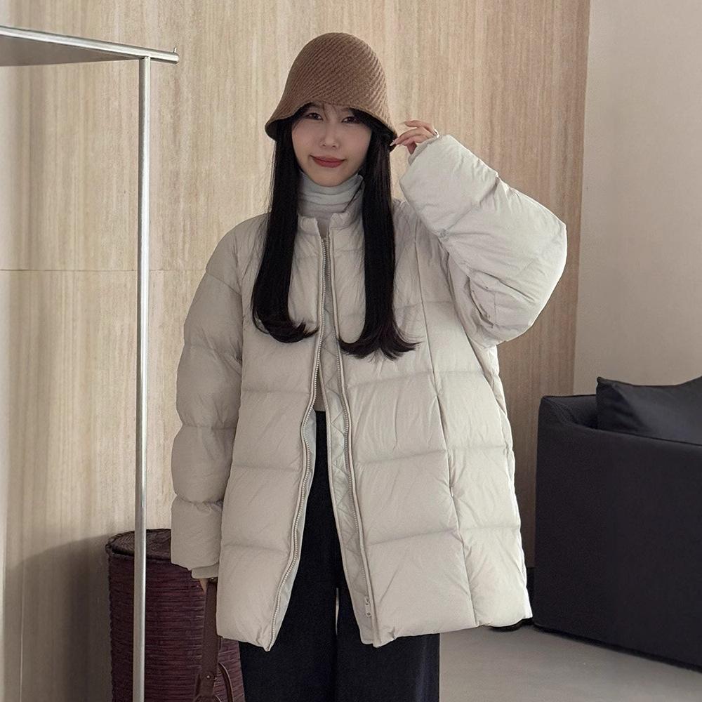Crew neck down cotton-padded clothes women's medium and long models, new models, warm and fashionable simple cotton-padded clothes, cotton-padded jack
