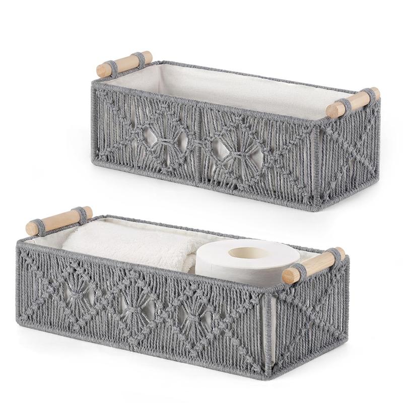 

M-Modern-Boho Decor Macrame Storage Baskets Set Of 2 Handmade Woven Countertop Toilet Tank Shelf Cabinet Organizer Box Grey сірий