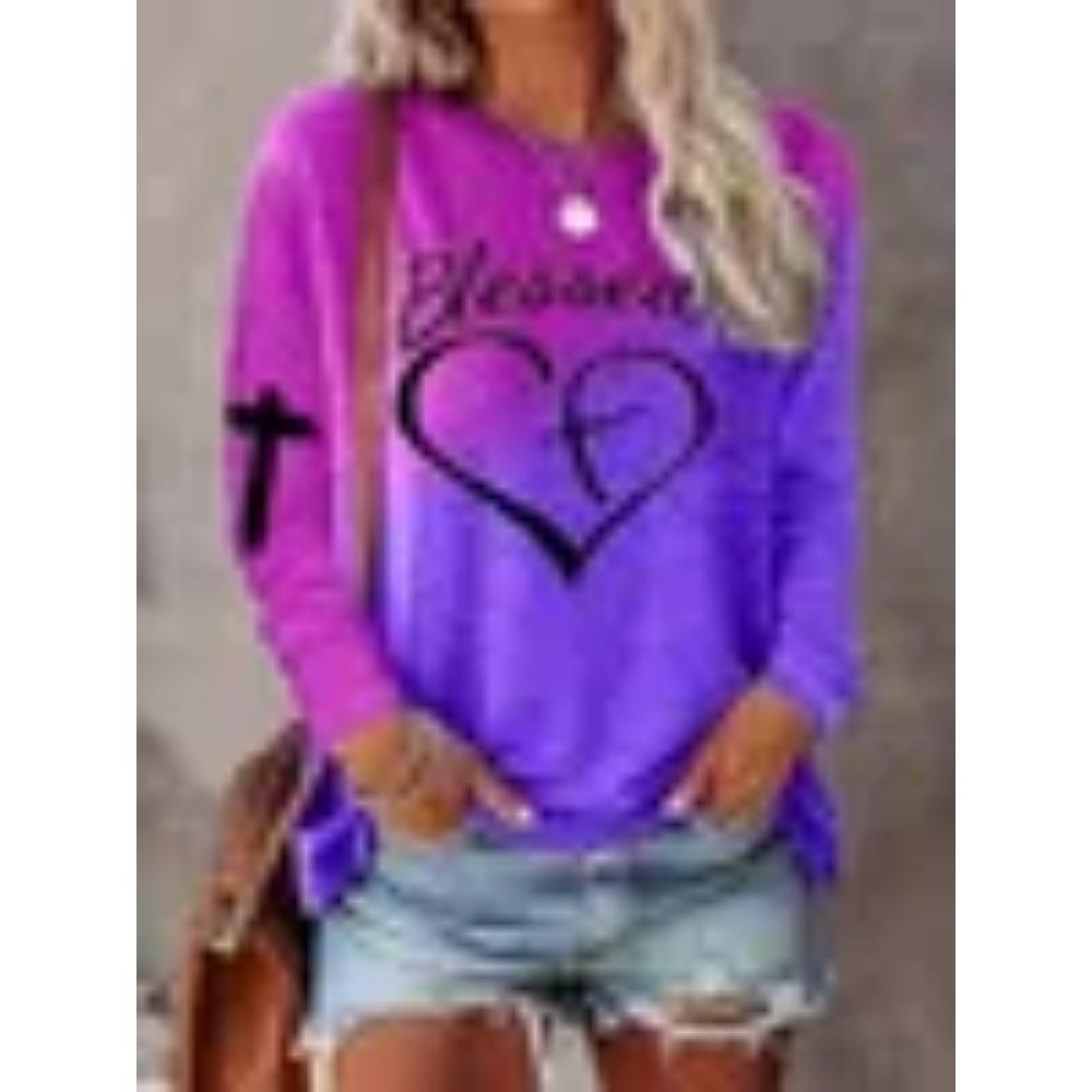 Women's Long Sleeved T-shirt with Heart-shaped and Striped Design, Round Neck All Season Top